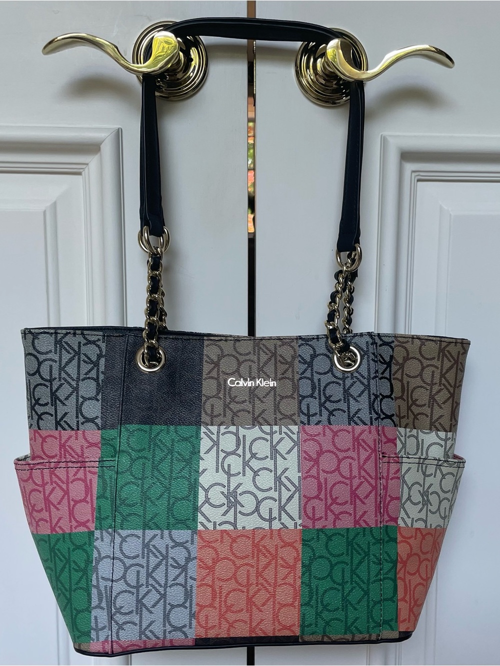 Calvin Klein Multicolor Patchwork Tote with Black Chain-Strap Handles